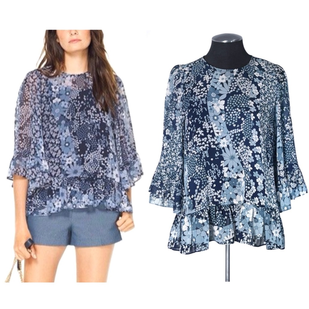 Michael Kors – Floral Bell Sleeve Ruffle Pullover Peasant Top – Medium